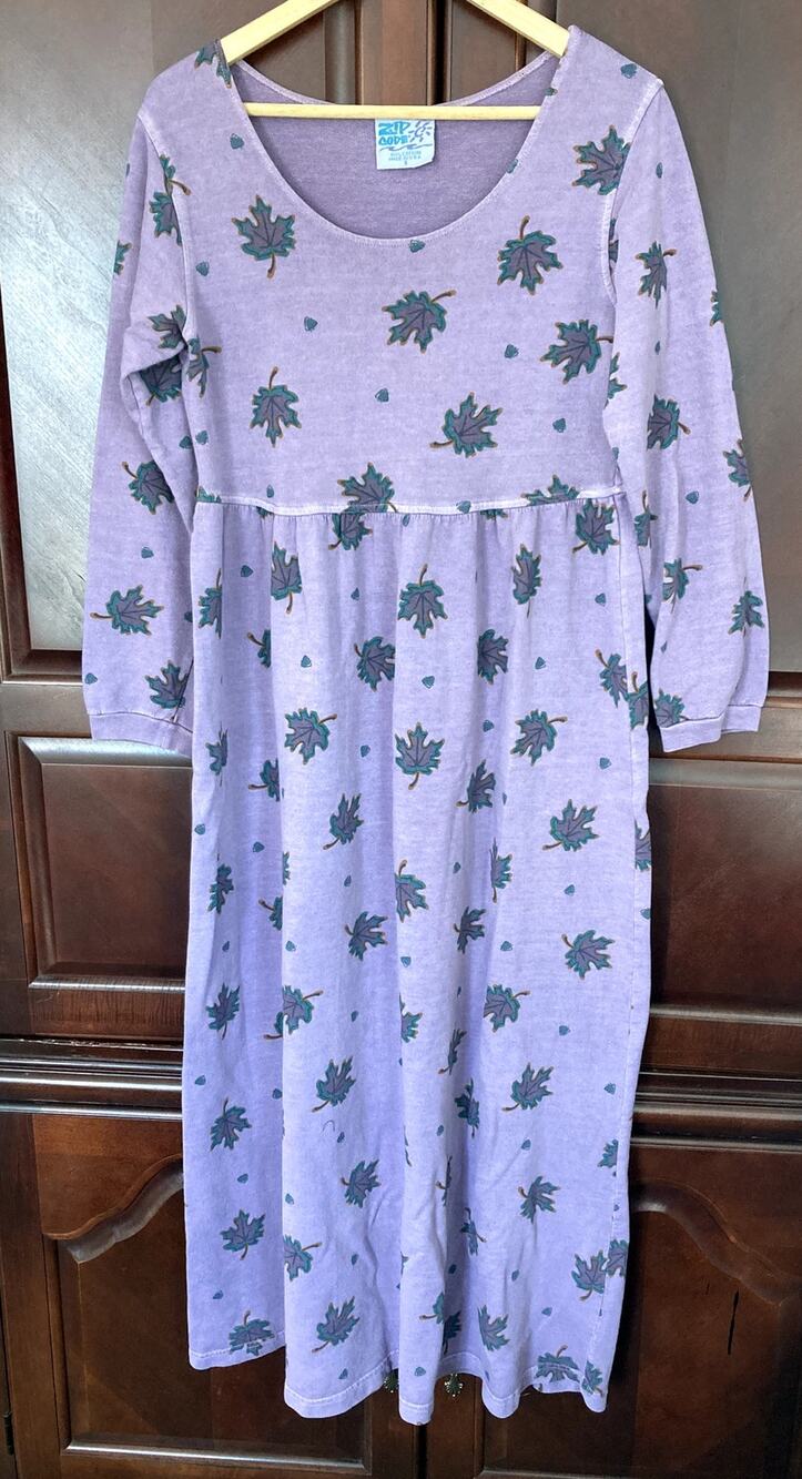 Zip Code -90s Whimsical Cozy Cottagecore Lavender Fall Leaf Cotton Knit Dress -S